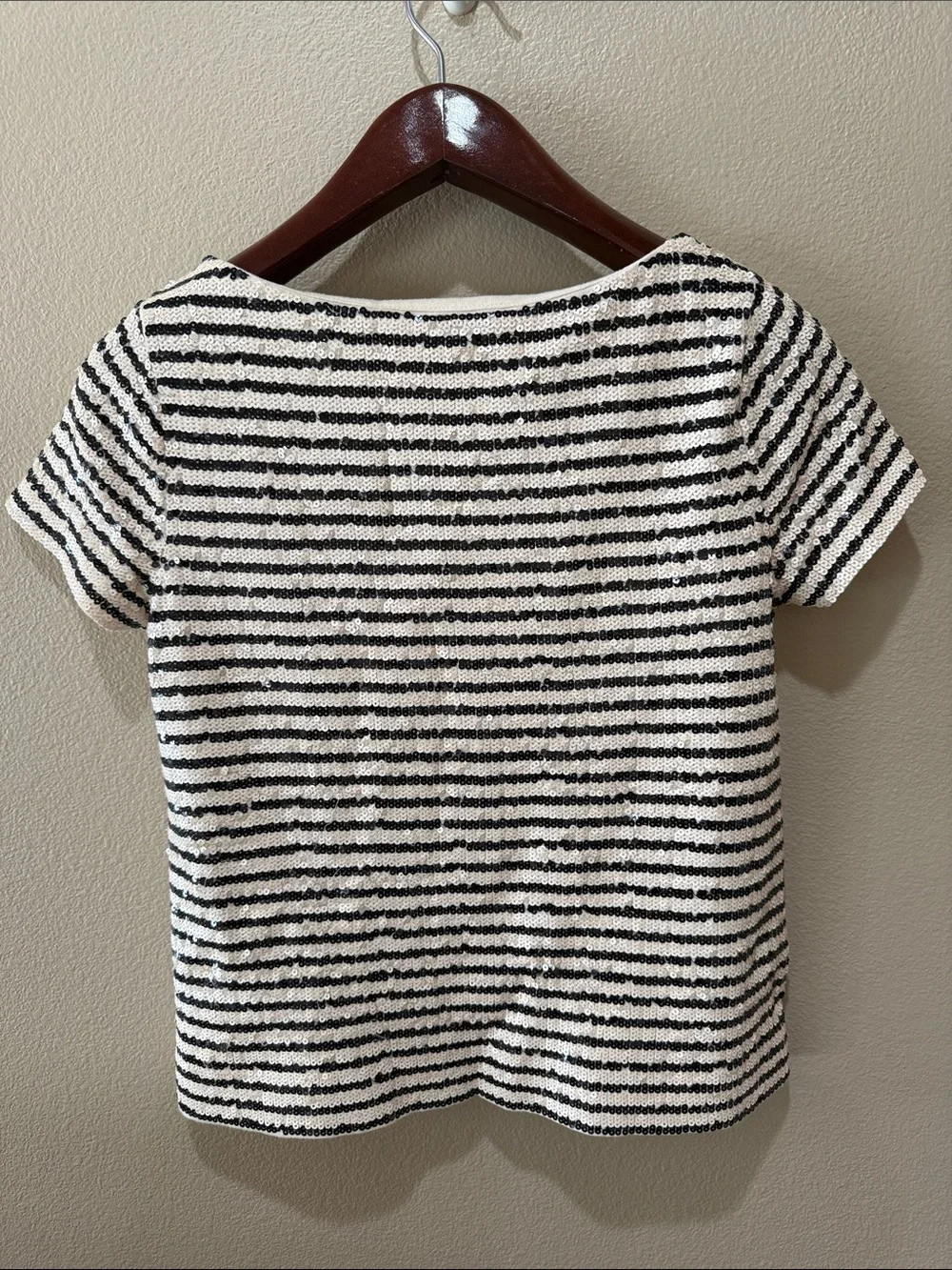 J. Crew Black and White Striped Short Sleeve Sequin Tee